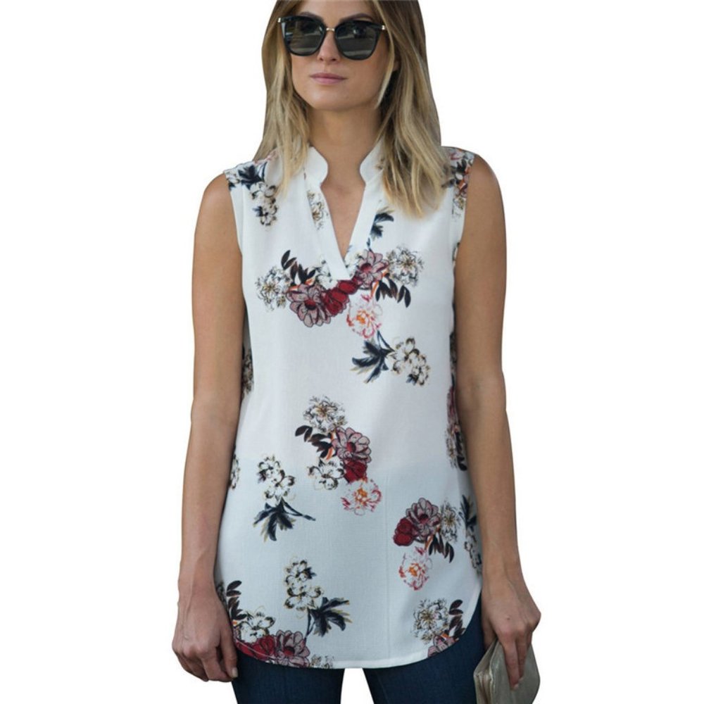 V Neck Shirt Chiffon Sleeveless Floral Blouse